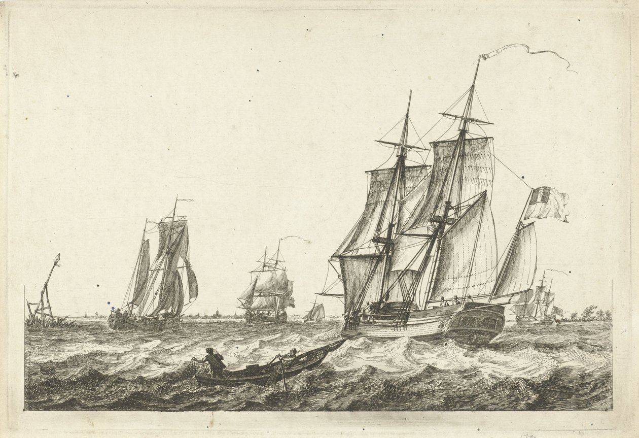 Brig and Other Ships on a Broad Waterway from Various Boats on the Waves by Gerrit Groenewegen