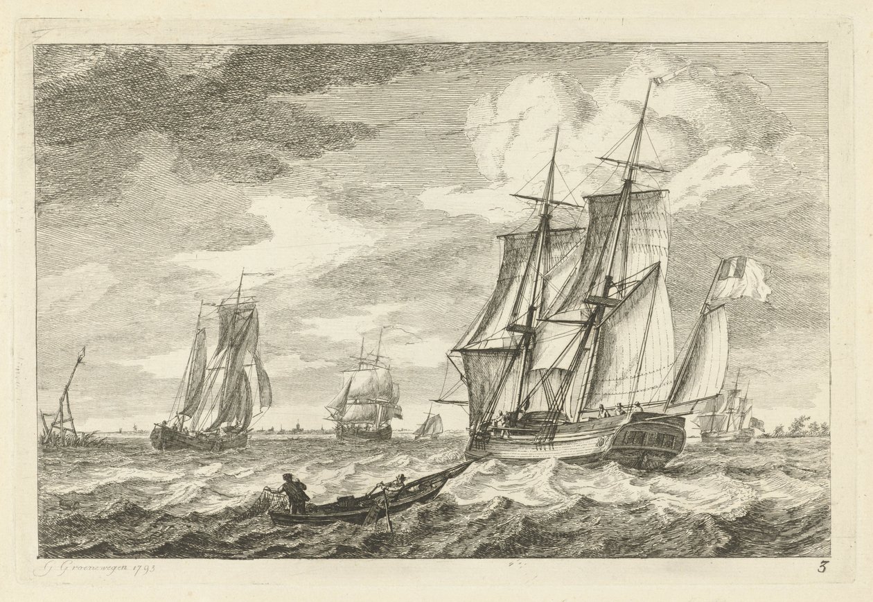 Brig and Other Ships on a Broad Waterway (Various Boats on the Waves) by Gerrit Groenewegen