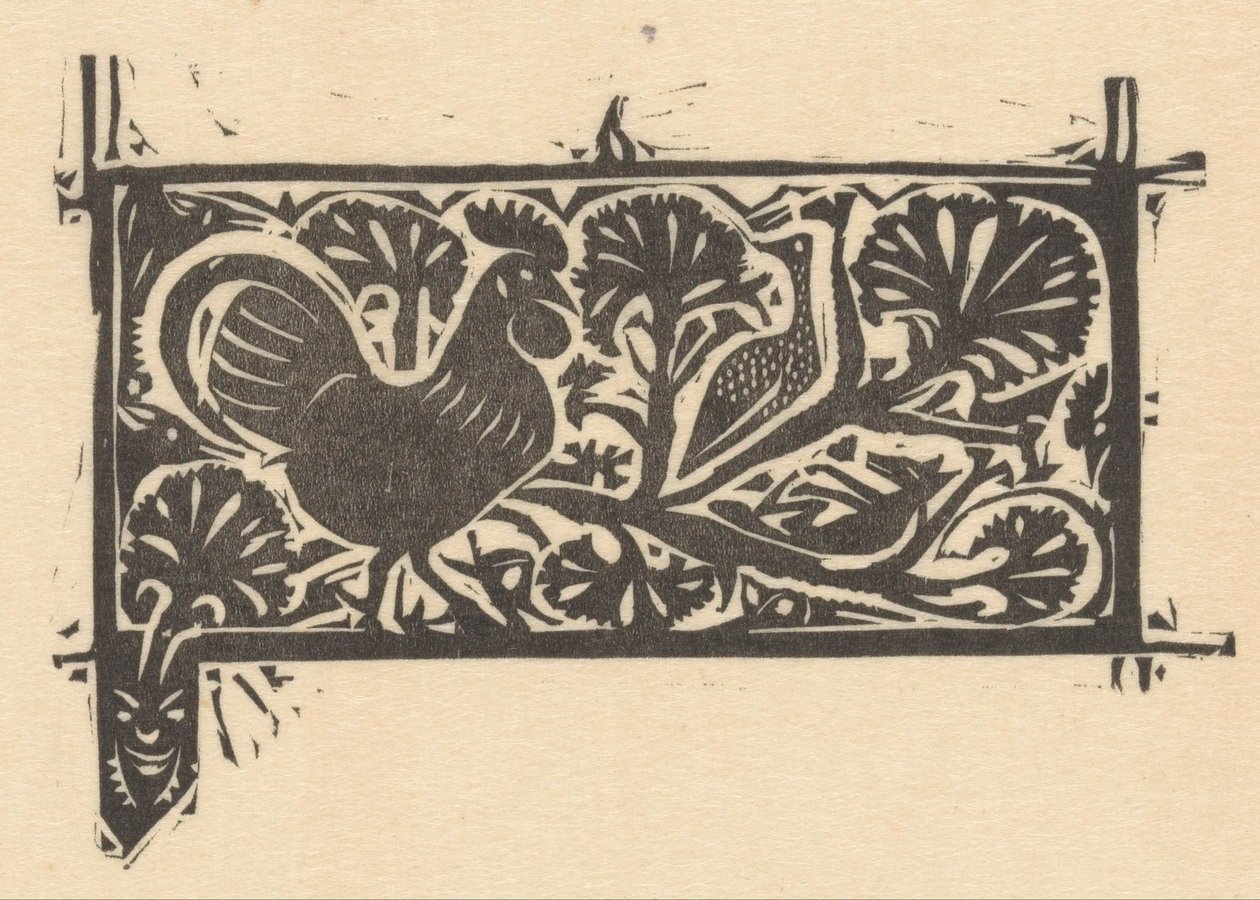 Title Head with a Rooster and Animals Hidden in Bushes by Gerrit Willem Dijsselhof