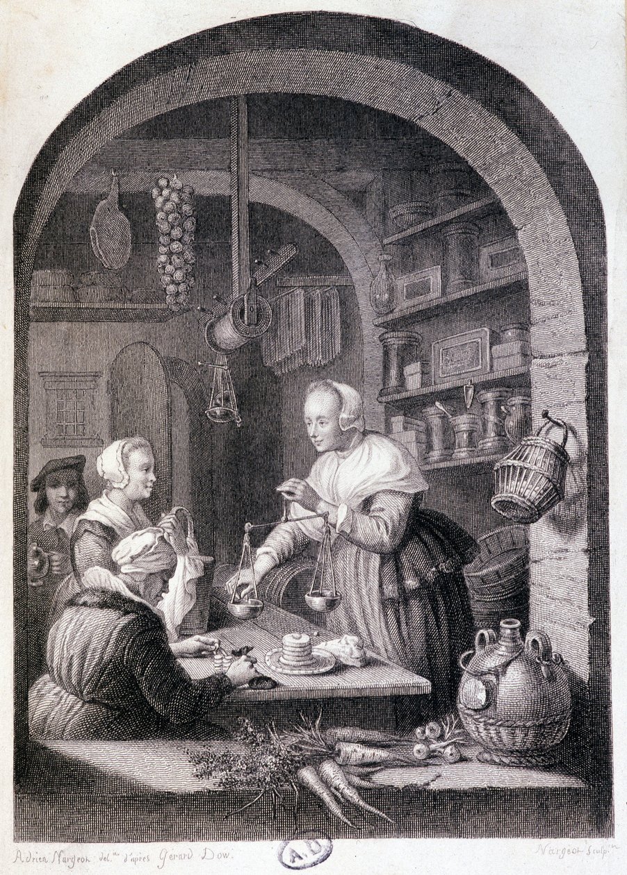 Village grocer weighing with a balance. 18th century by Gerrit or Gerard (after) Dou