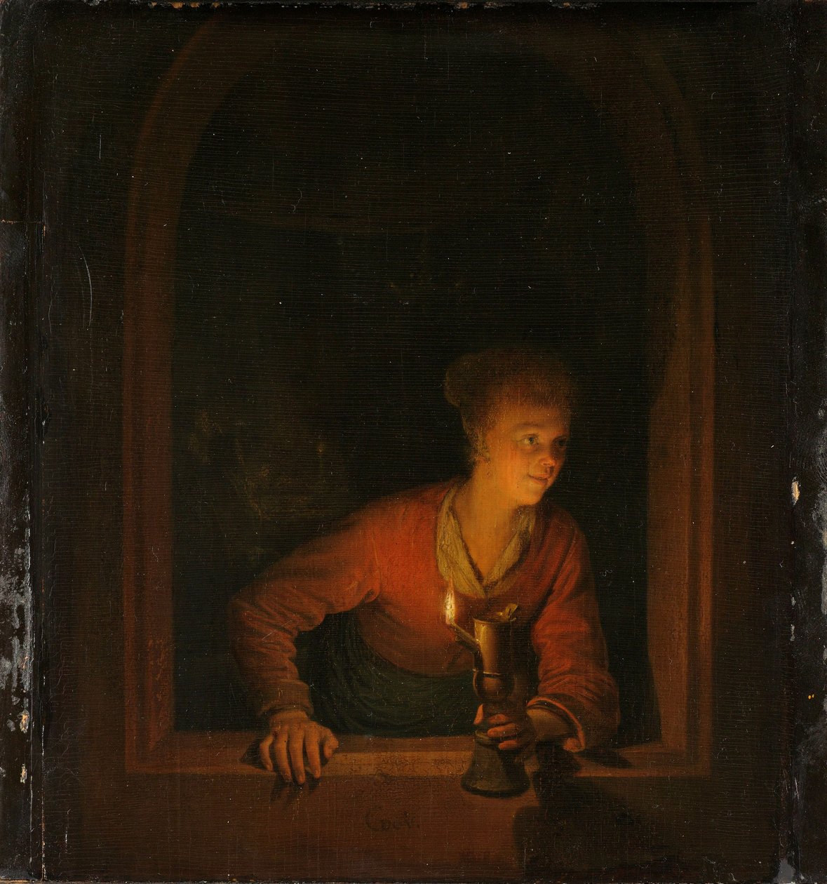 Girl with an Oil Lamp at a Window by Gerrit or Gerard Dou