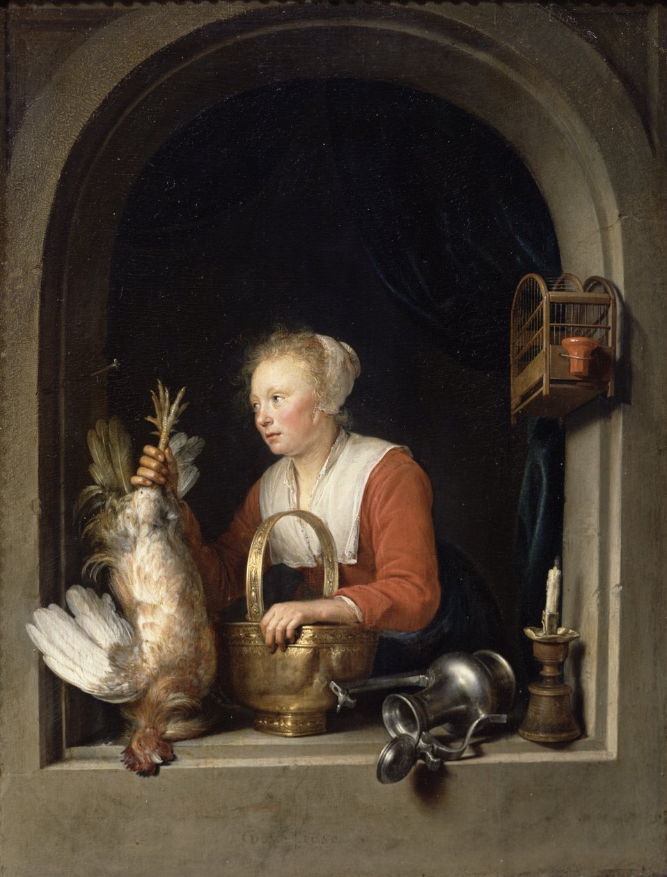 The Dutch Housewife or, The Woman Hanging a Cockerel in the Window by Gerrit Dou