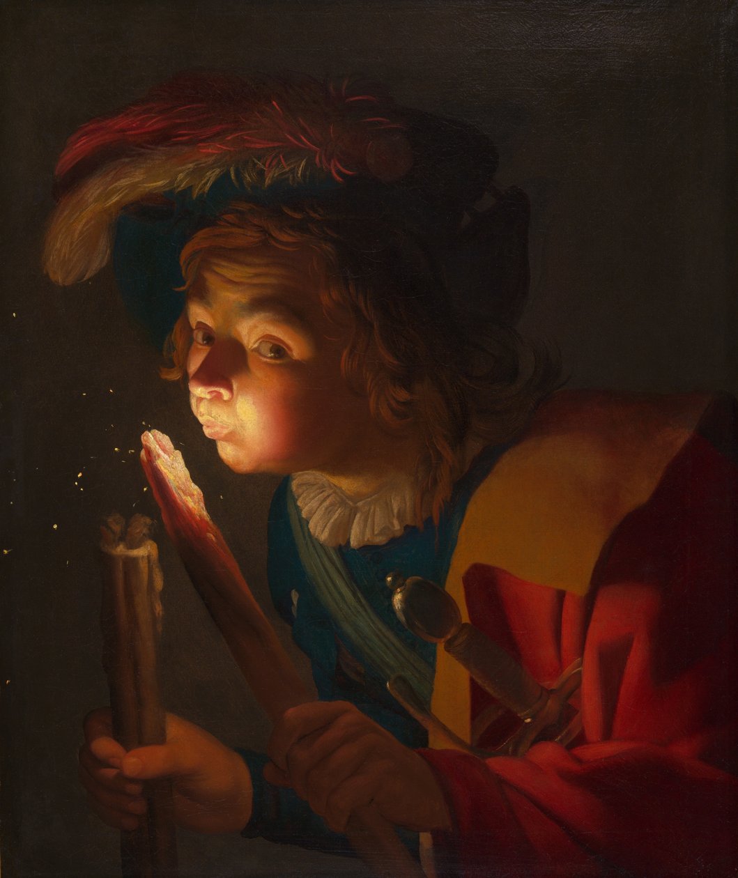 A Boy Blowing on a Firebrand by Gerrit van Honthorst