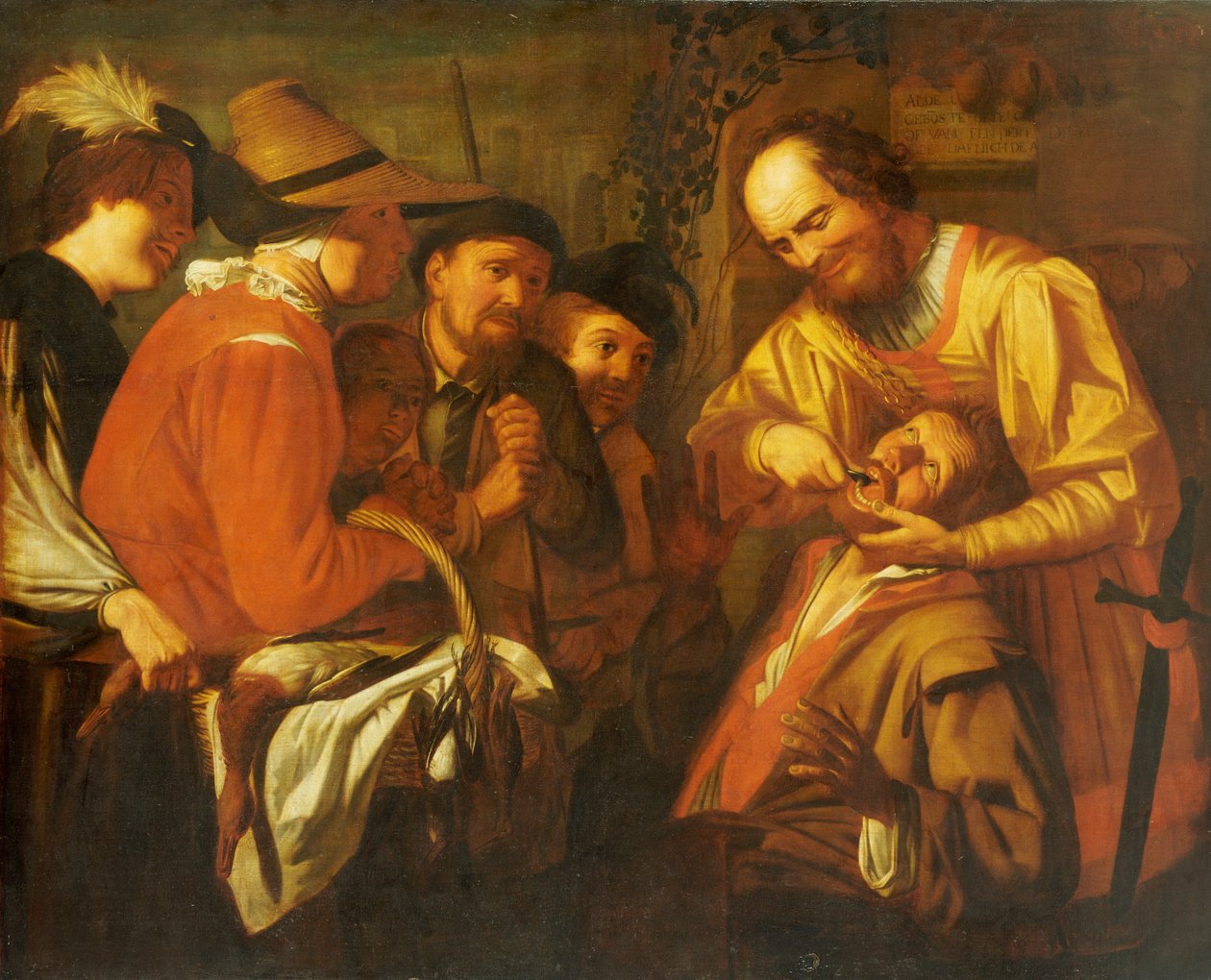 A Quack Dentist Extracting a Tooth, While a Group of Onlookers Watch Nearby by Gerrit van Honthorst