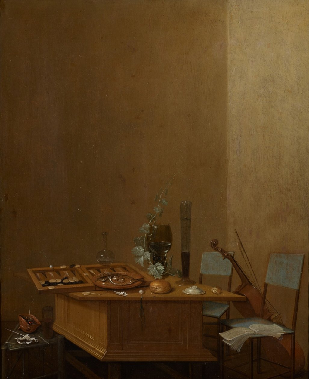 Still Life with Tric-Trac Game on a Wooden Table, Chairs and a Cello to the Right by Gerrit van Vucht