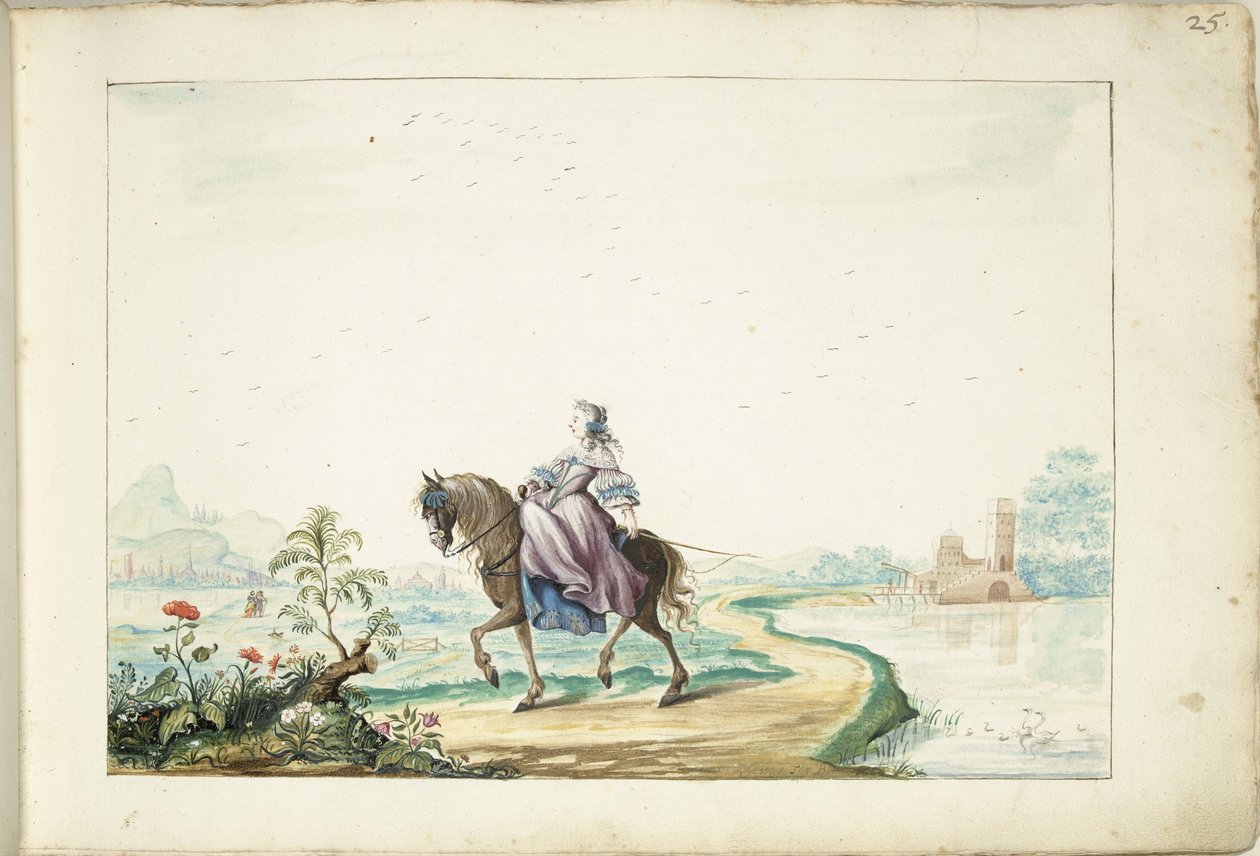 Woman on Horseback in a Landscape by Gesina ter Borch (signed by artist)