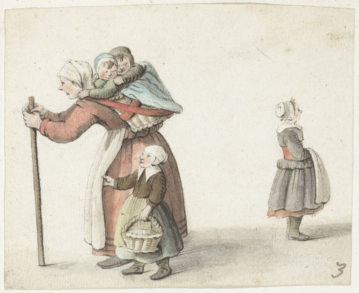 Woman with Two Children in a Carrying Basket by Gesina ter Borch
