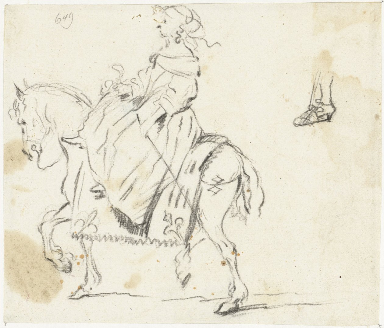 Woman on Horseback, Seen from the Side, with Sketch of a Lower Leg and Foot by Gesina ter Borch