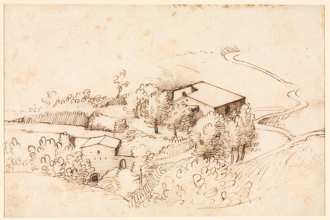 Farm with Trees in a Hilly Landscape by Gherardo Cibo