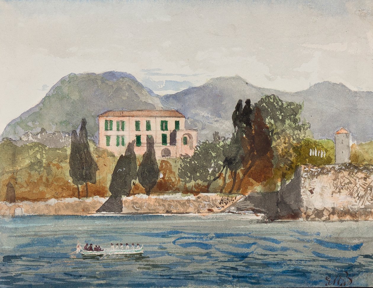 Rowing barge with the Borbone flag approaching a large house on the Neapolitan coast, with additions by Prince Gaetano Maria Federico di Borbone by Giacinto Gigante