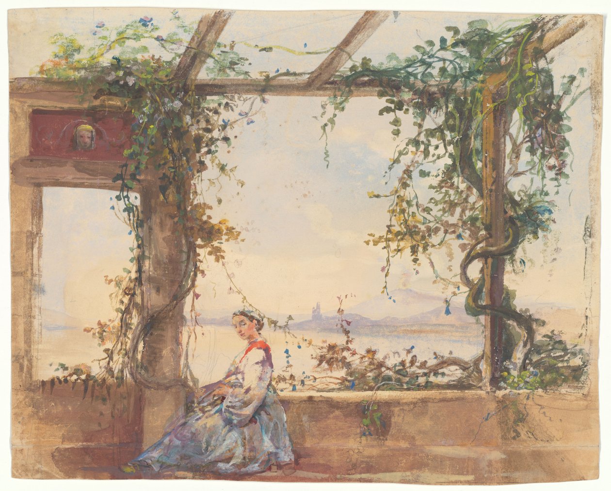 Woman Holding a Fan Below a Pergola and Vesuvius in the Background by Giacinto Gigante
