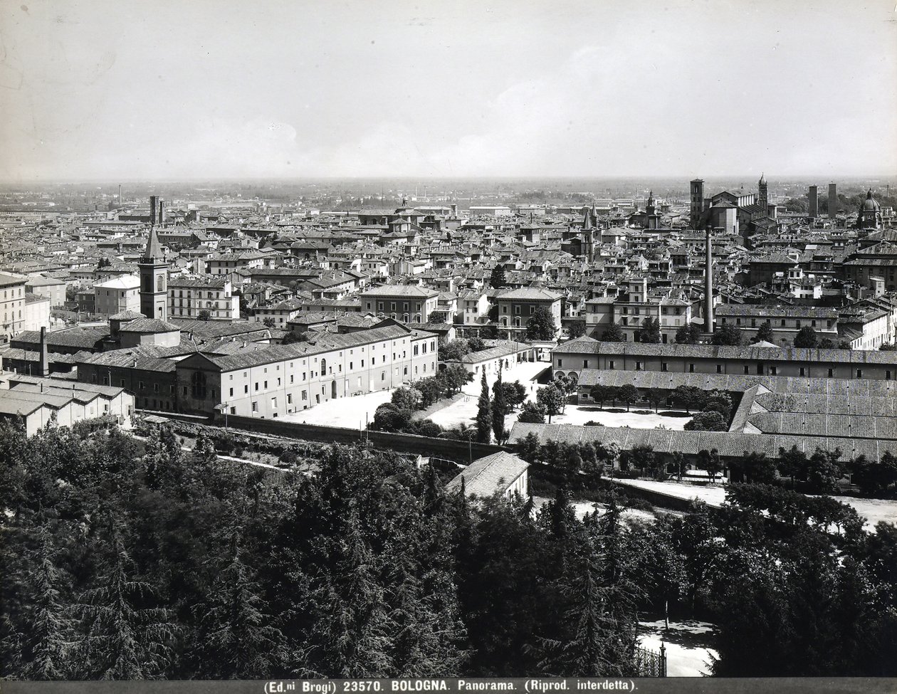 Panoramic view of Bologna with factories and a square by Giacomo Brogi