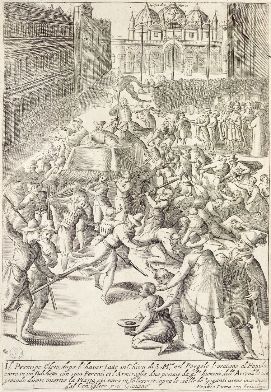 The prince elect on a small stage of the Arsenal in Venice throwing money at the public by Giacomo Franco