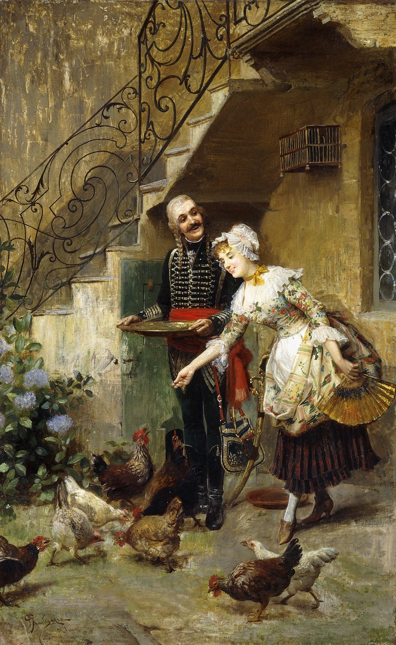 An Elegant Couple feeding Chickens in a Courtyard by Giacomo Mantegazza