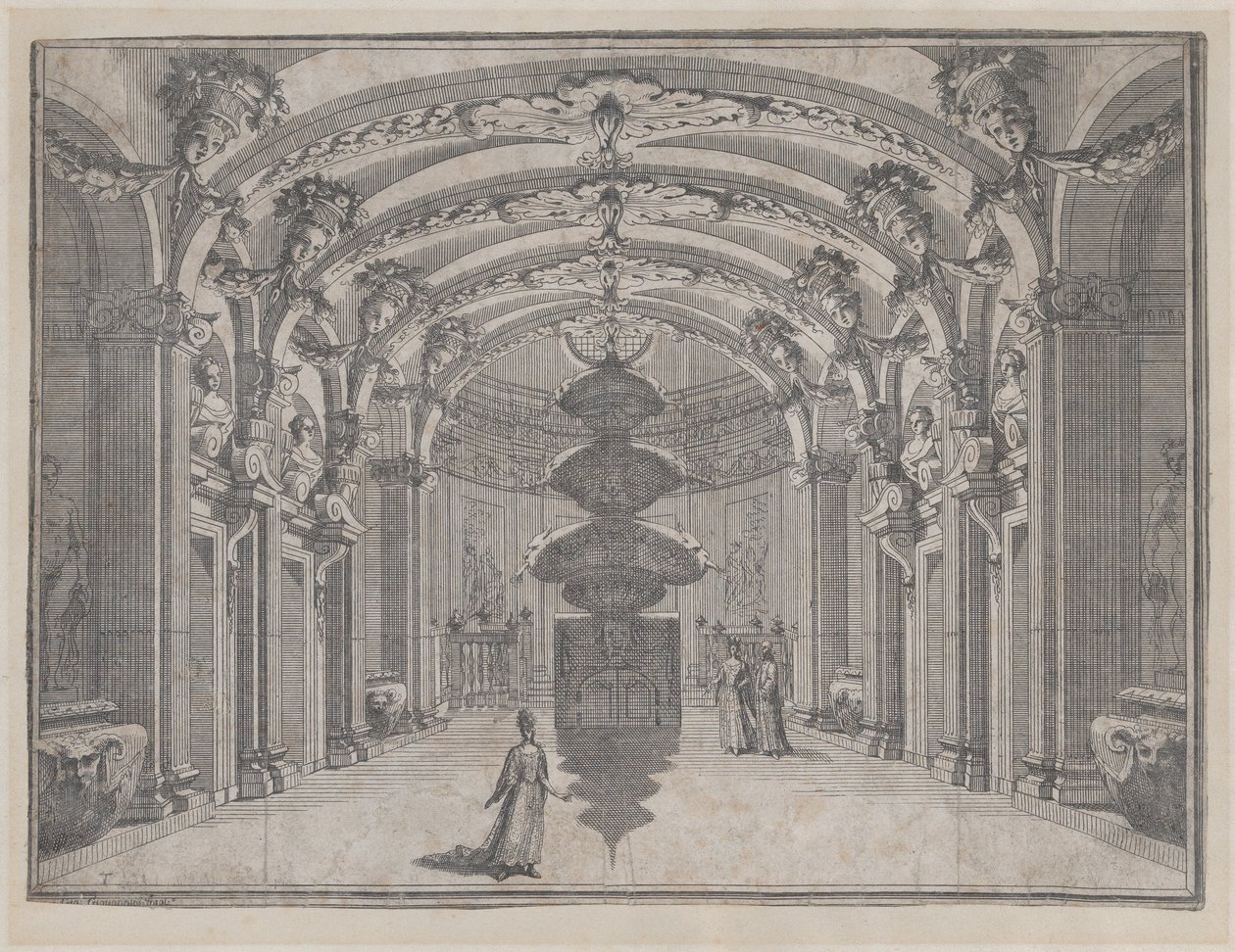 Theatrical Scene in a Great Hall with a Vaulted Ceiling and a Central Sculpture by Giacomo Maria Giovannini