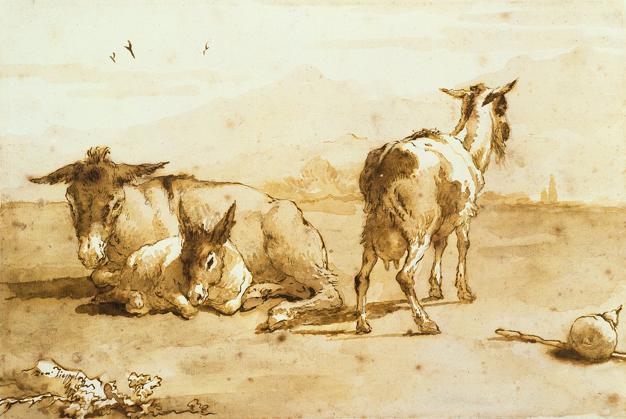 Two Donkeys and a Goat in a Landscape by Giovanni Domenico Tiepolo