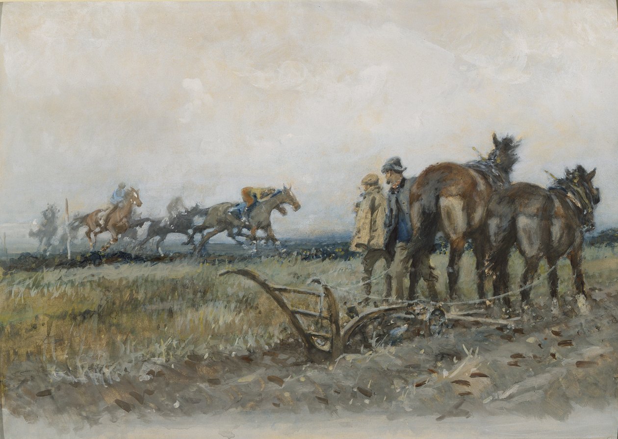 Racehorses at Exercise Watched by Ploughmen by Gilbert Holiday
