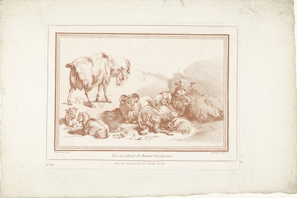 Lying Sheep with Lambs and Goat with Kids by Gilles Demarteau