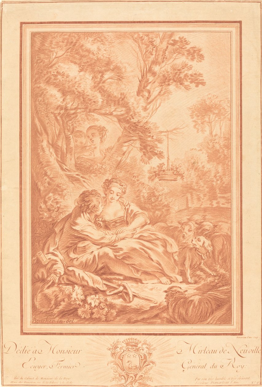 Two Lovers Seated at the Foot of a Large Tree, Surprised by Two Girls by Gilles Demarteau