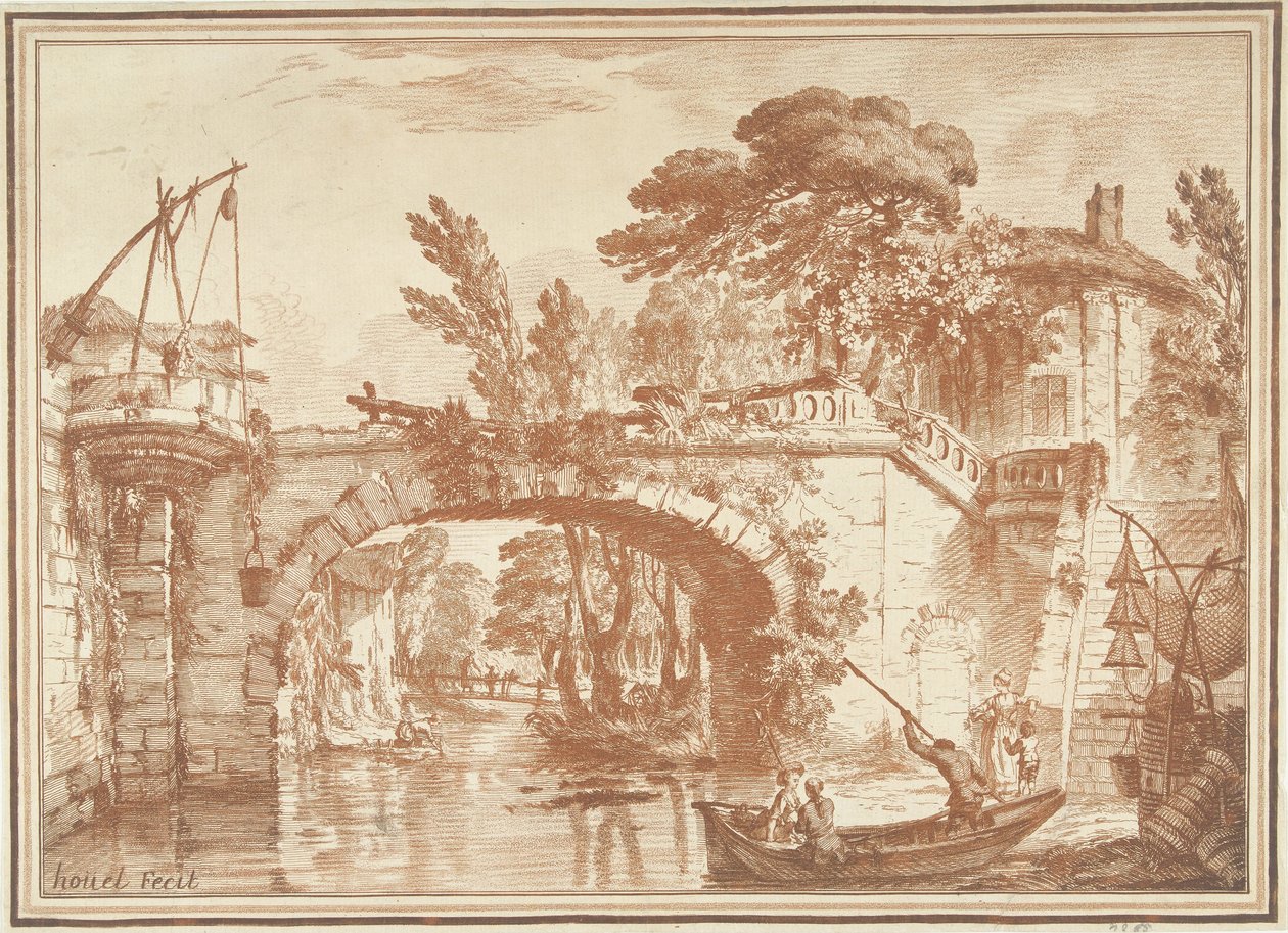 Southern Landscape with Bridge and Houses by River by Gilles Demarteau