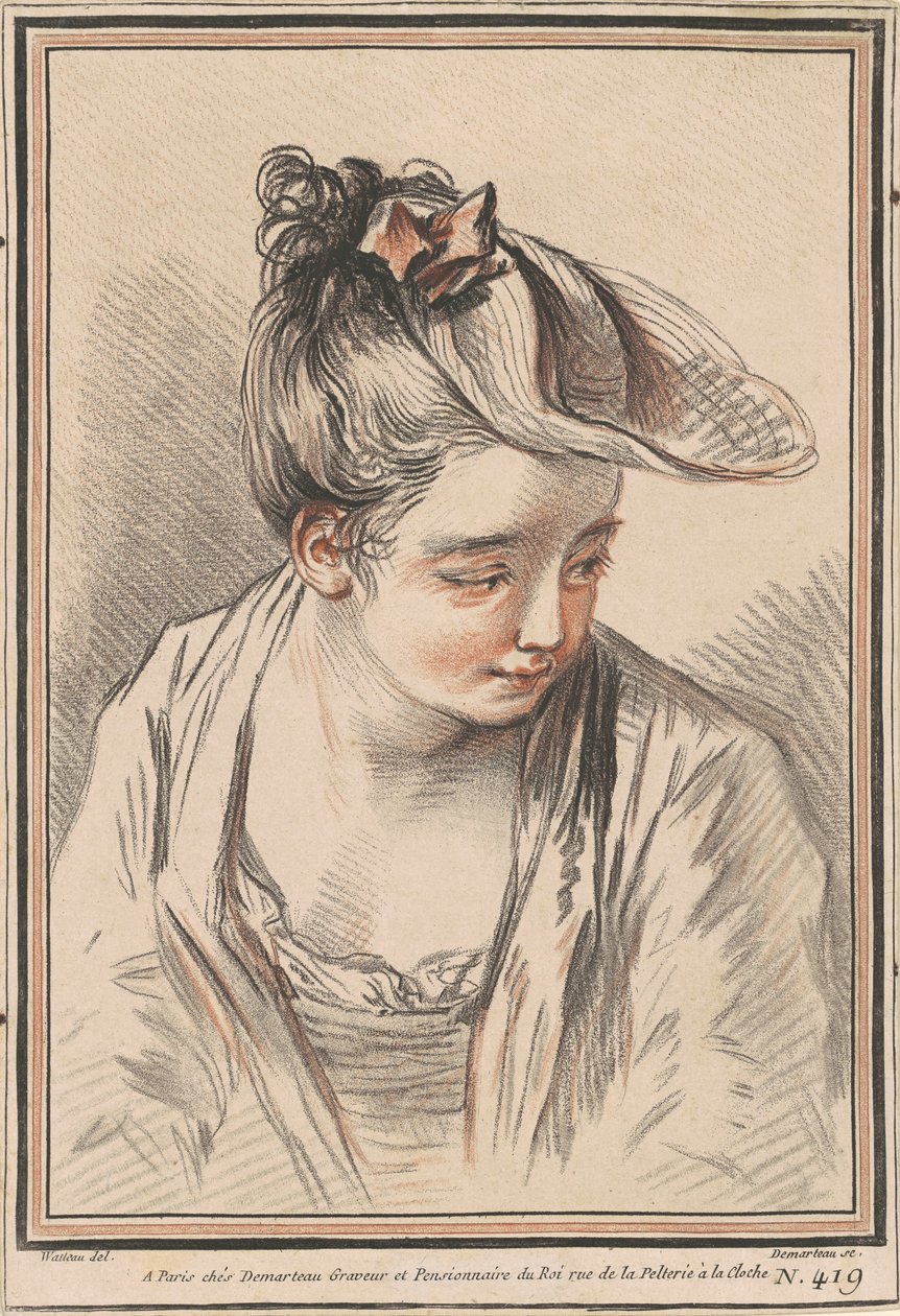 Head of a Young Woman Wearing a Hat by Gilles Demarteau the Elder after Antoine Watteau