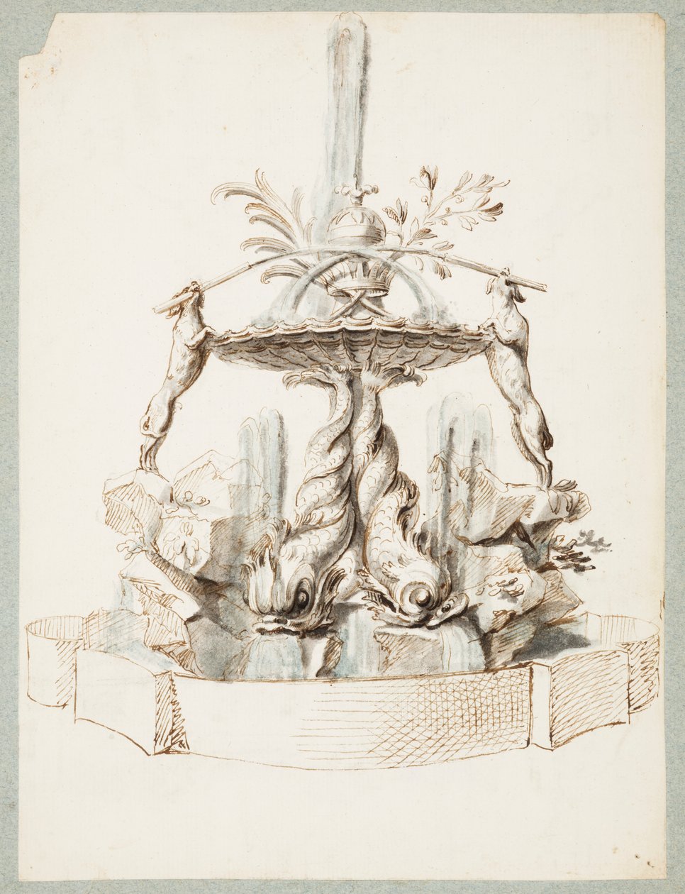 Design for a Fountain Supported by Dolphins and Two Dogs by Gilles Marie Oppenord
