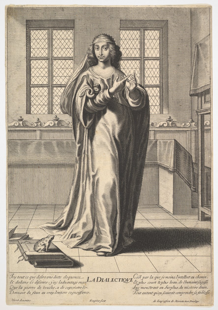 Dialectic: a young woman standing in a decorated interior and touching her right index by Gilles Rousselet