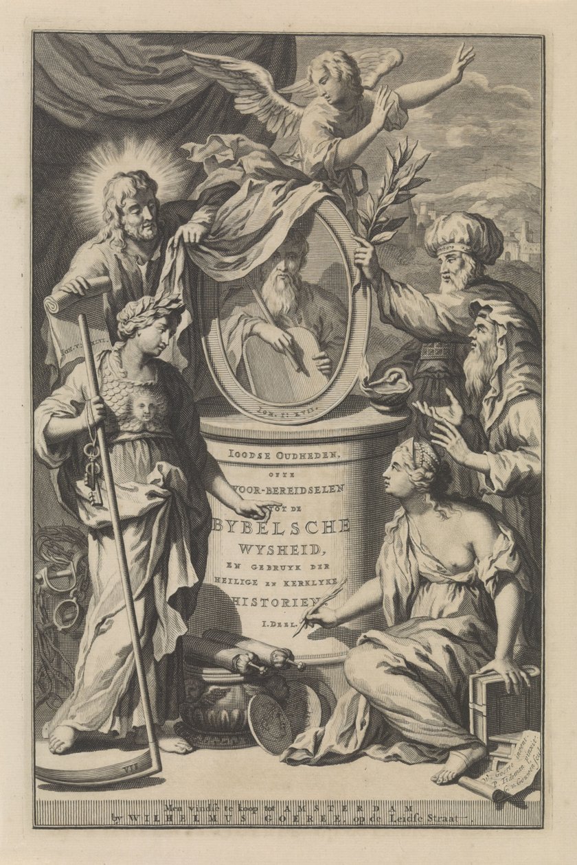 Biblical Figures Unveil the Portrait of Moses (Title Page for Wilhelmus Goeree, Preparations for Biblical Wisdom, and Use of Holy and Church Histories, 1690) by Gilliam van der Gouwen