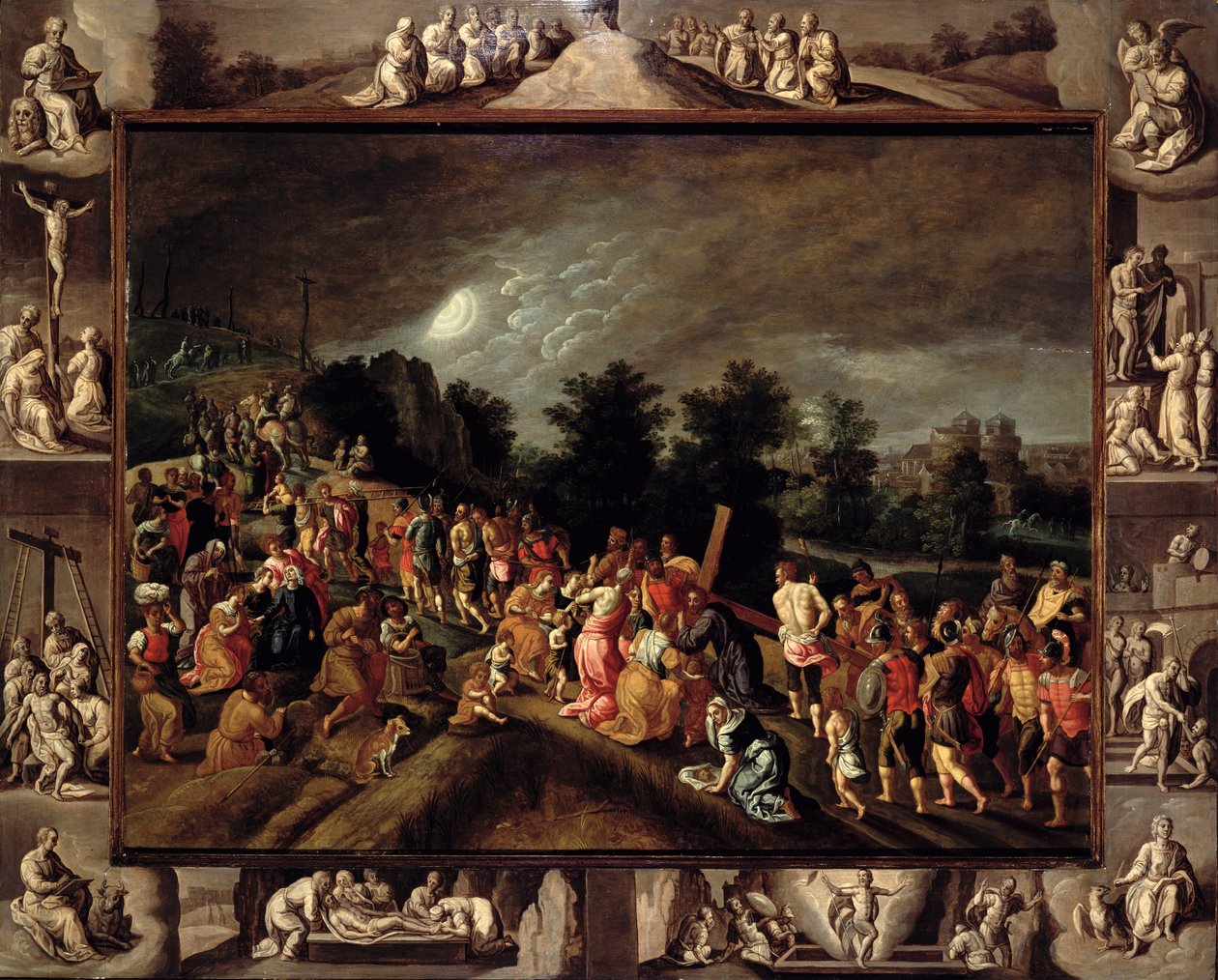 The Road to Calvary, Depicted in the Central Panel and Scenes from the Crucifixion and Resurrection on the Frame by Gillis Mostaert