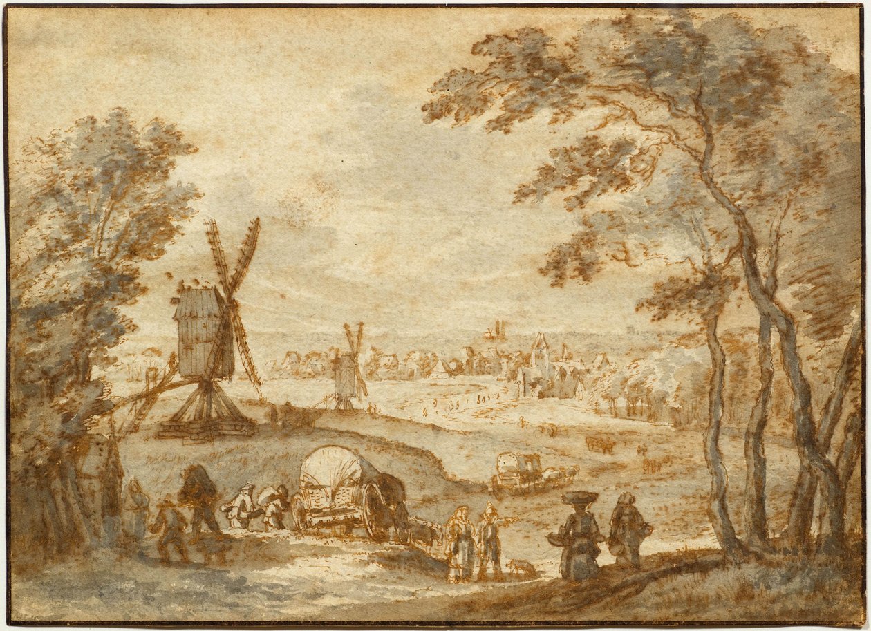Landscape with Windmills Before a Town, with Walkers and Covered Wagon in the Foreground by Gillis Neyts