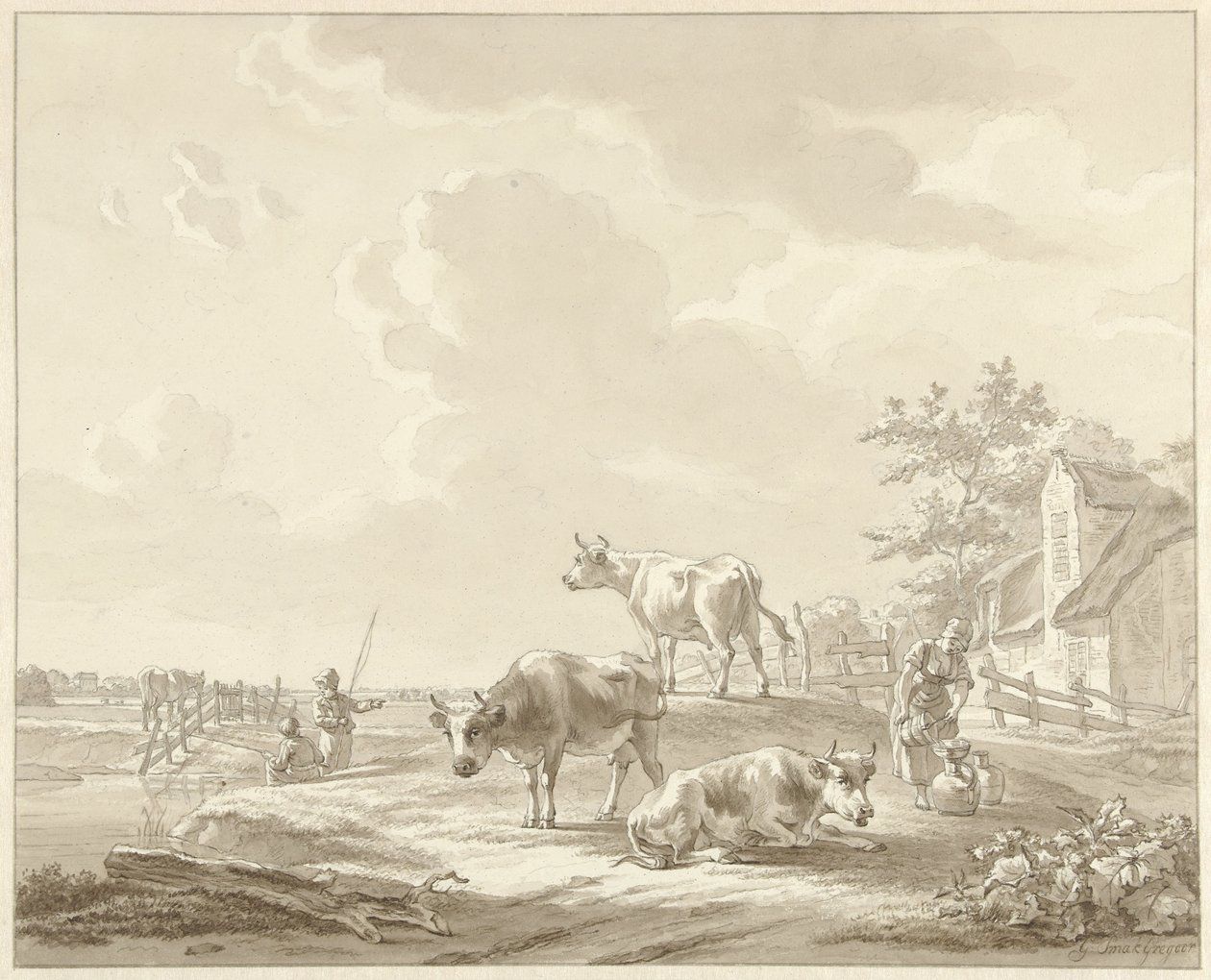 Three Cows by a Farm, Two Fishing Boys and a Woman by Gillis Smak Gregoor