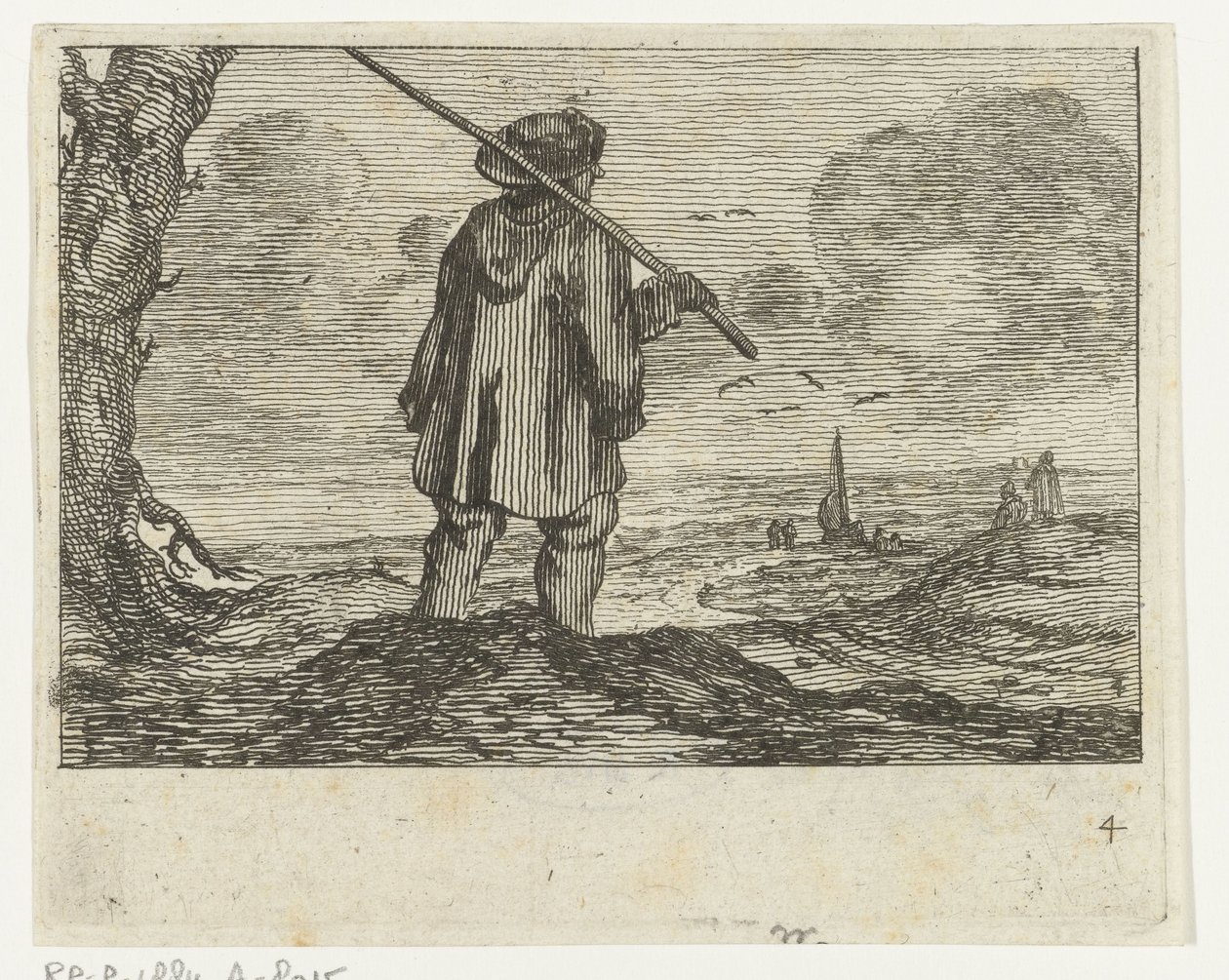 Dune Landscape with a Man, with Staff on the Shoulder from Various Beaches and Water Views by Jan Percelles by Gillis van Scheyndel (I)