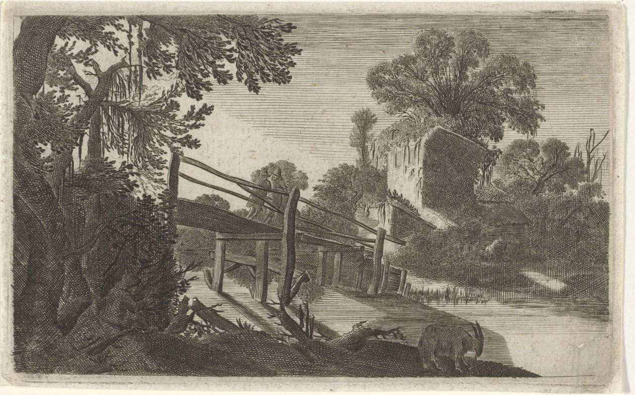 Wooden Bridge by a Ruin (Six Landscapes) by Gillis van Scheyndel (I)