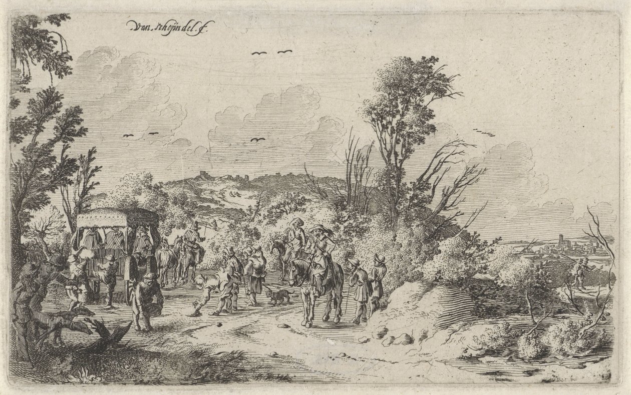 Carriage and Riders on a Country Road, Smell, Landscapes with the Five Senses (series title) by Gillis van Scheyndel (I)