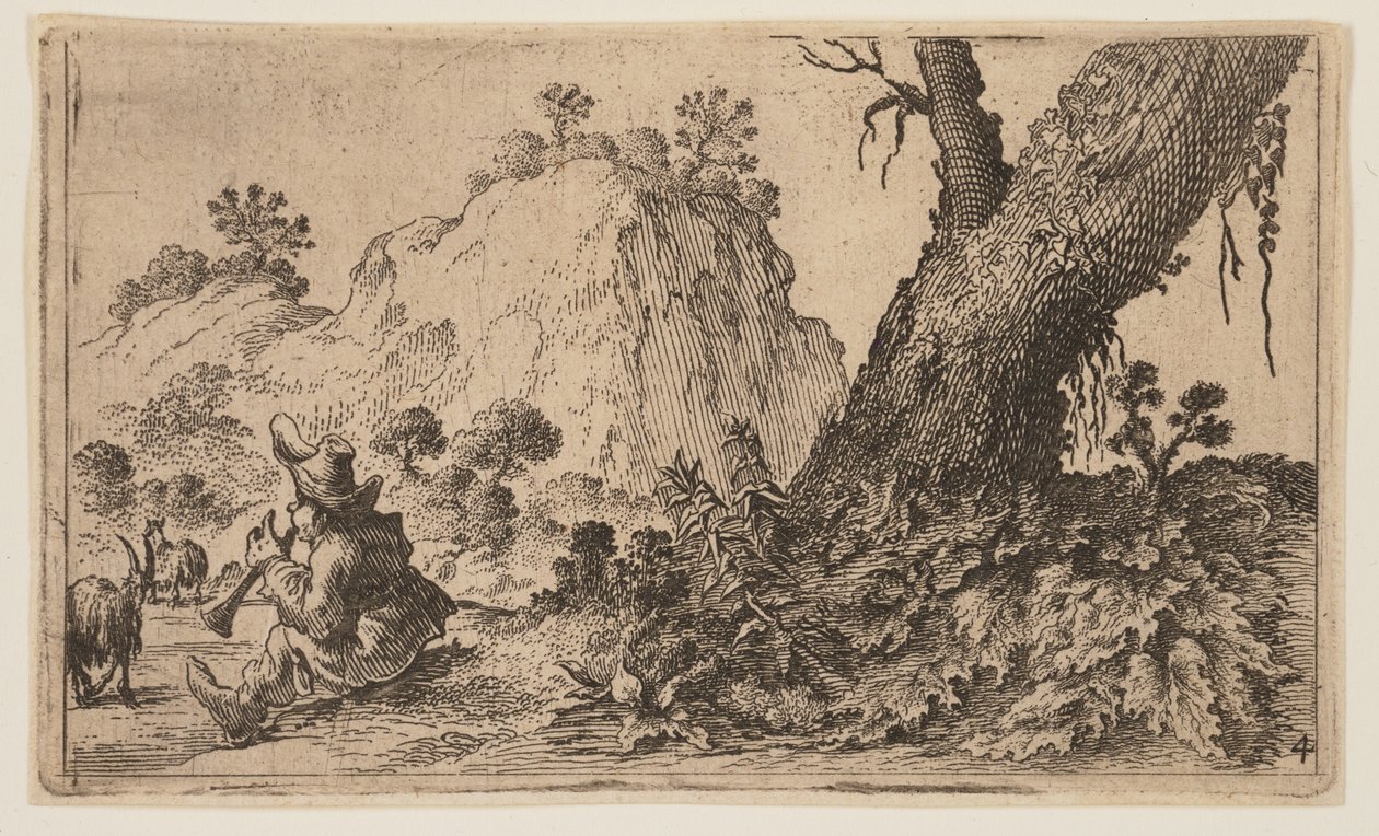 Shepherd Playing a Recorder to a Flock of Goats, from Twelve Landscapes by Gillis van Scheyndel