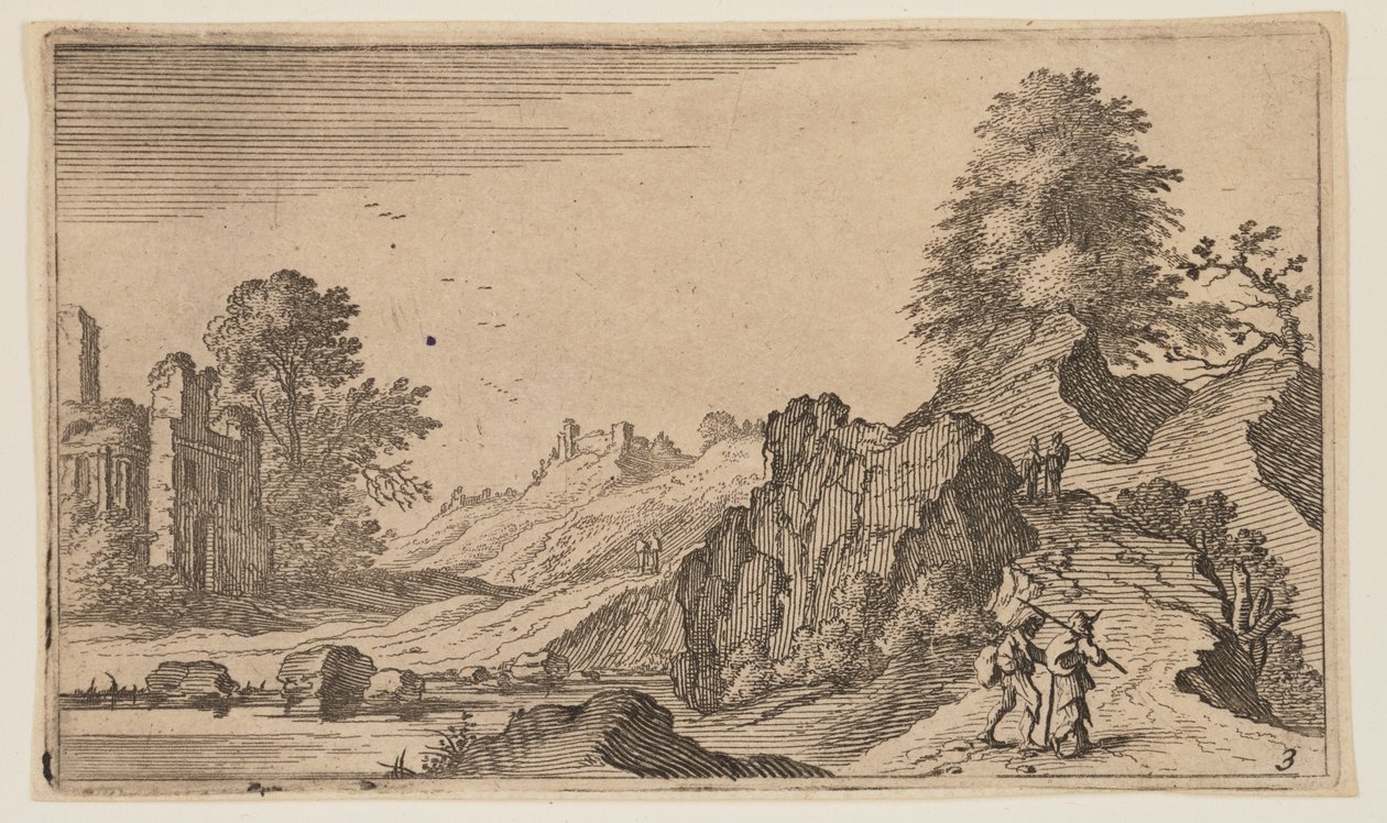 Three Pedestrians on a Wooden Bridge across a Stream, from Twelve Landscapes by Gillis van Scheyndel