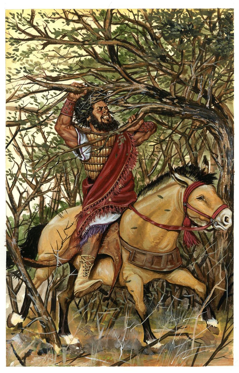 A representation of Absalom, the son of David, in the forest of Ephraim, his hair is taken in the branches of an oak. by Giorgio Albertini