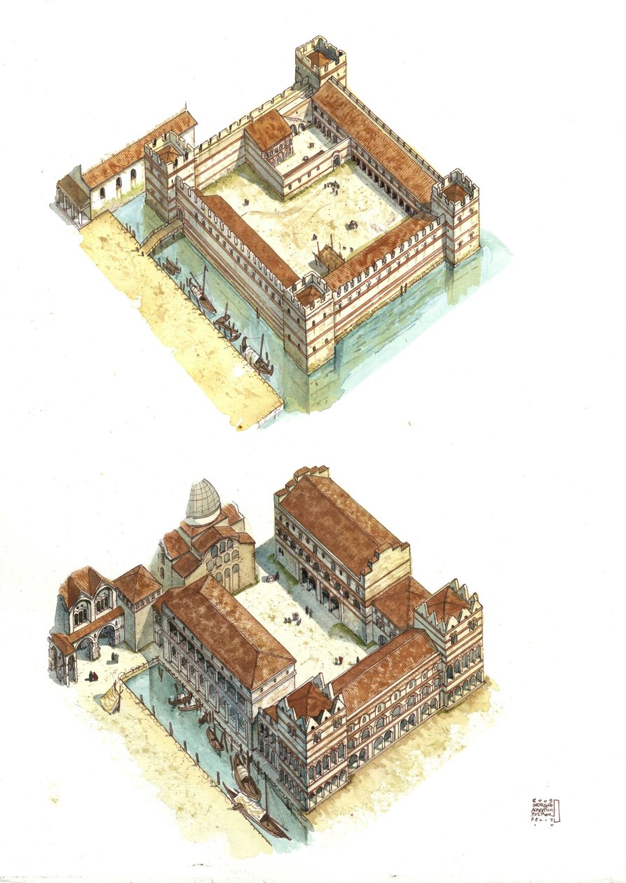 Aerial view of the phases of construction of the Doge's Palace on St ...