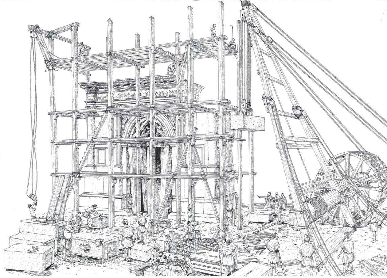 Ancient Rome: reconstruction of a construction site of an arch in the 1st century AD. The workers hoist the marble blocks with scaffolding and pulleys. Illustration by Giorgio Albertini. by Giorgio Albertini