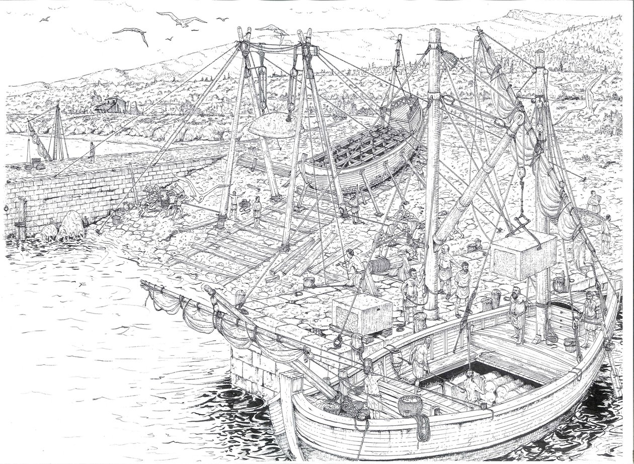 Antiquity: the transport by ship of marble probably from the quarries of Carrara. 2nd century AD Italy. Illustration by Giorgio Albertini. by Giorgio Albertini