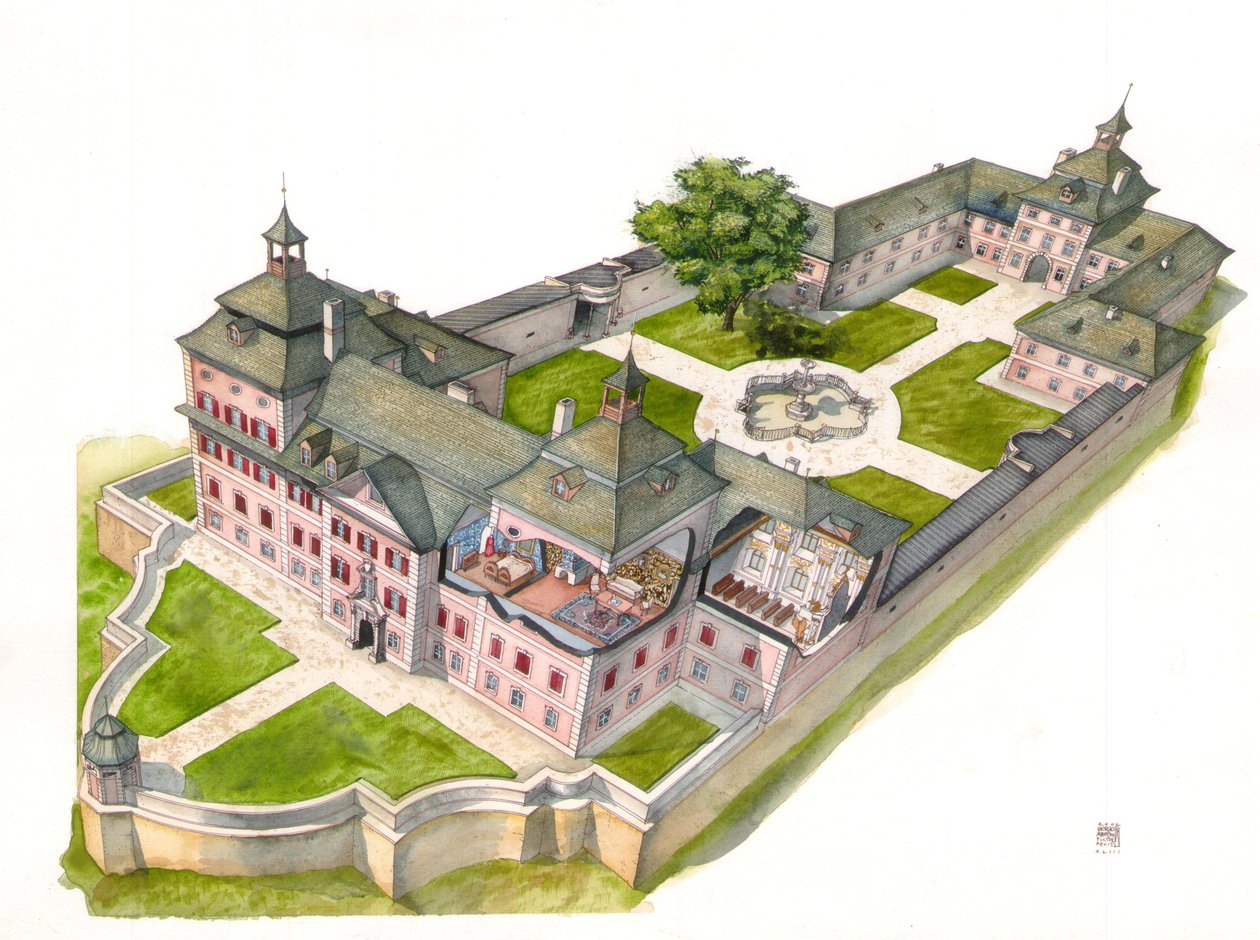 Baroque architecture: reconstruction of Wolfsthurn Castle, Mareta, Bolzano, Italy. Illustration by Giorgio Albertini. by Giorgio Albertini