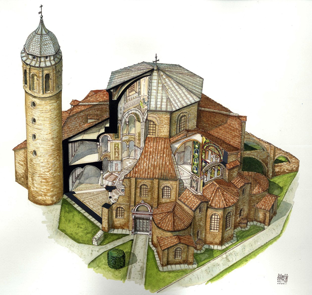 Byzantine Art: Representation of the Basilica of St. Vital in Ravenna, 5th Century, Aerial View, Italy, Illustration by Giorgio Albertini by Giorgio Albertini