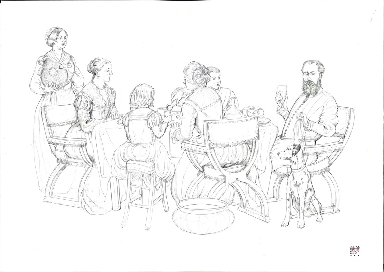 Daily life Renaissance: bourgeois family at a meal by Giorgio Albertini