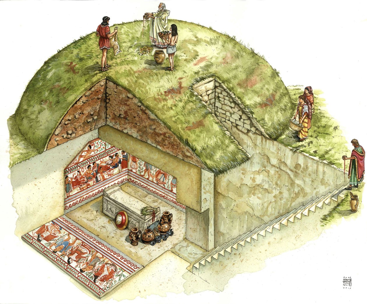 Etruscan civilization: reconstruction and section of the Tomb of Triclinium, necropolis of Tarquinia, 5th century BC, Italy. Illustration by Giorgio Albertini. by Giorgio Albertini