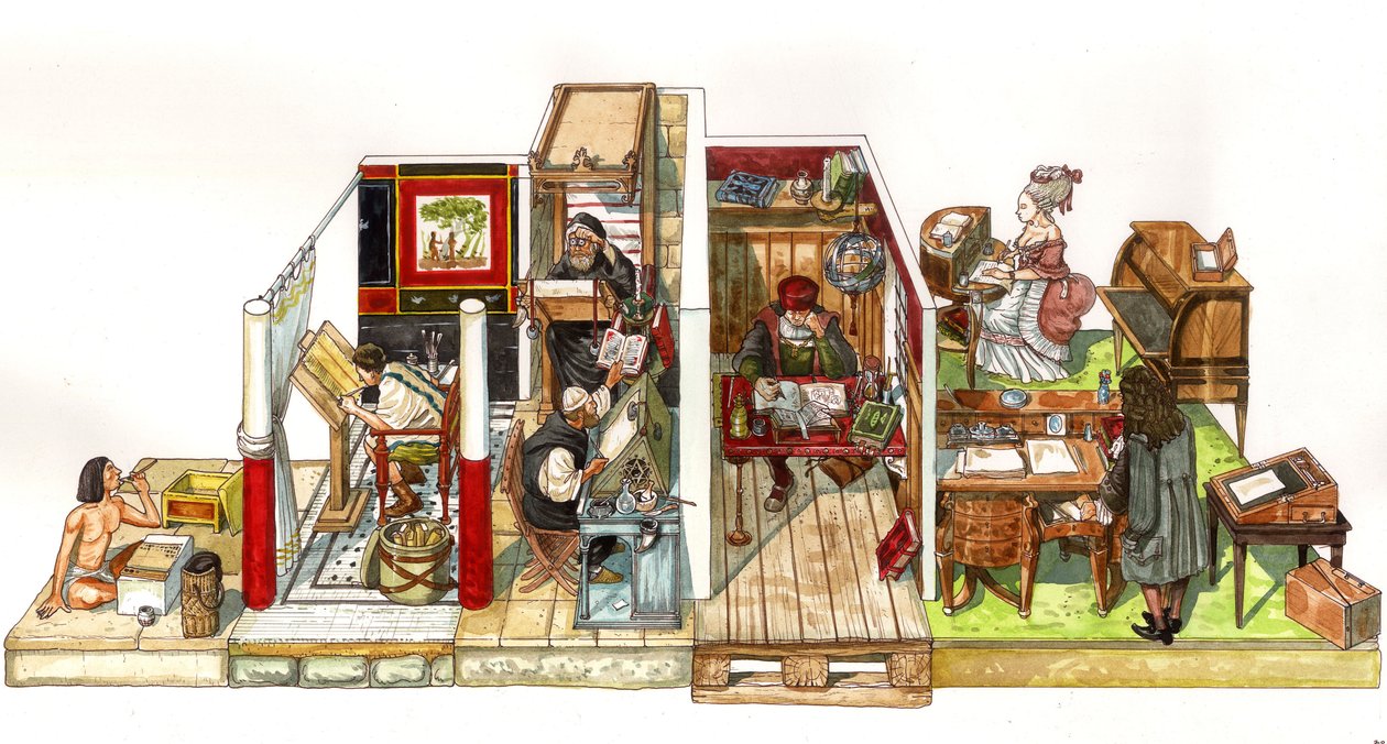 Evolution of the art of writing, offices and writings: from left to right, a scribe in ancient Egypt, antiquity then the medieval scriptorium, an explorer navigator working in his office, an office in the style of Louis XIV (17th century) by Giorgio Albertini