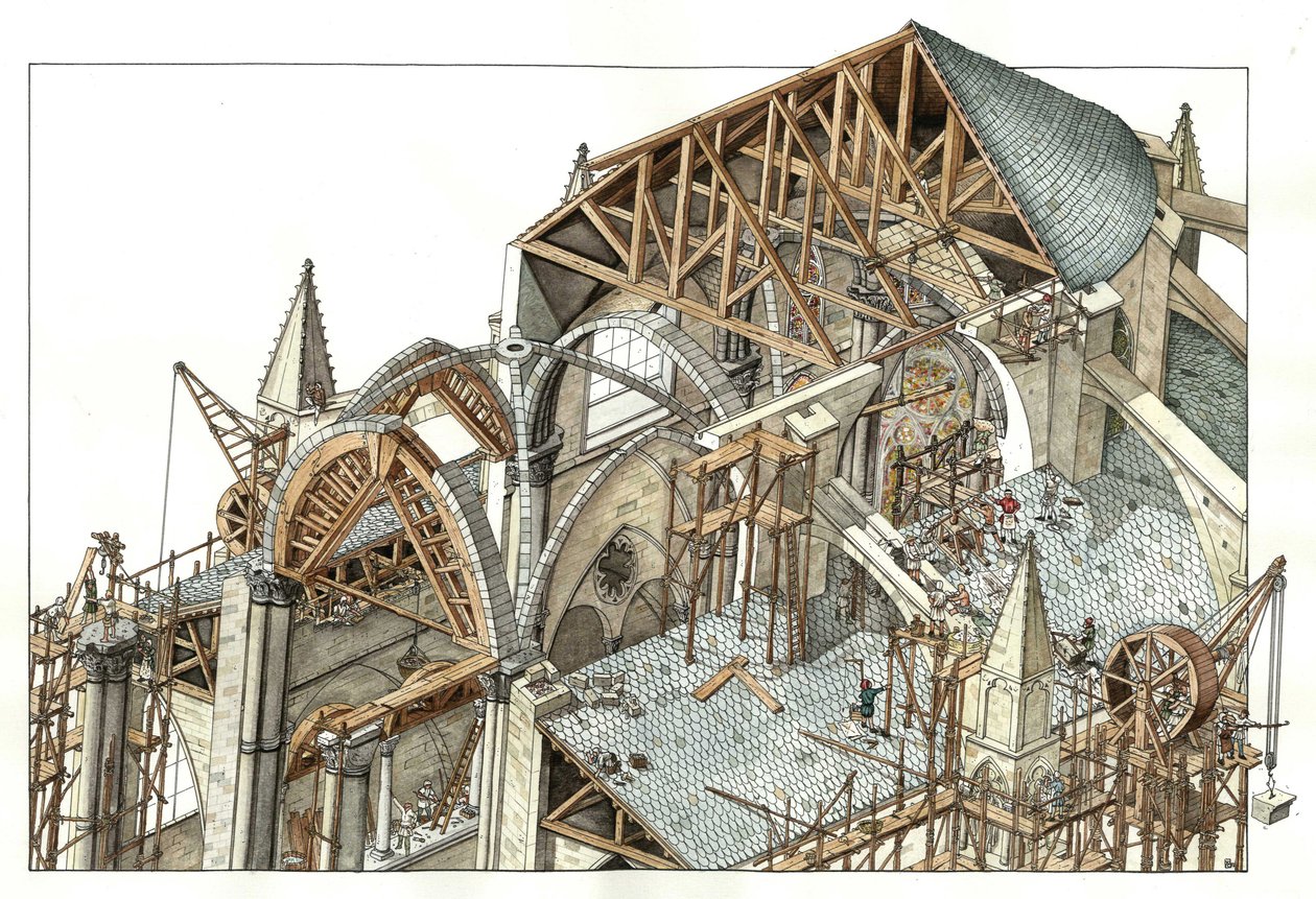 Gothic Art: Reconstruction of the Construction Site of a Gothic Cathedral, Workers on Scaffolding Using Pulleys, 13th Century, Illustration by Giorgio Albertini by Giorgio Albertini