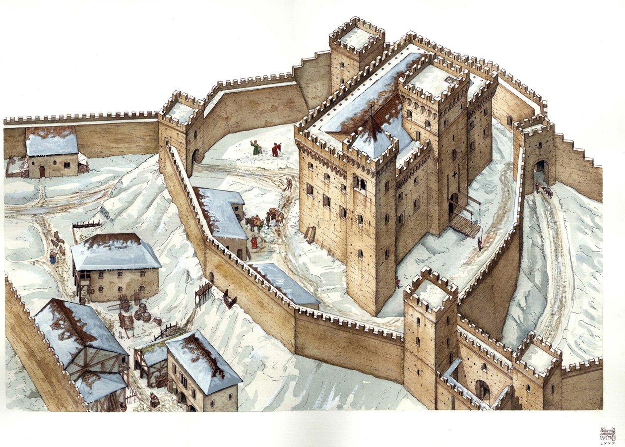 Medieval architecture: reconstruction of the castle of Udine, 14th century, Italy. Illustration by Giorgio Albertini. by Giorgio Albertini