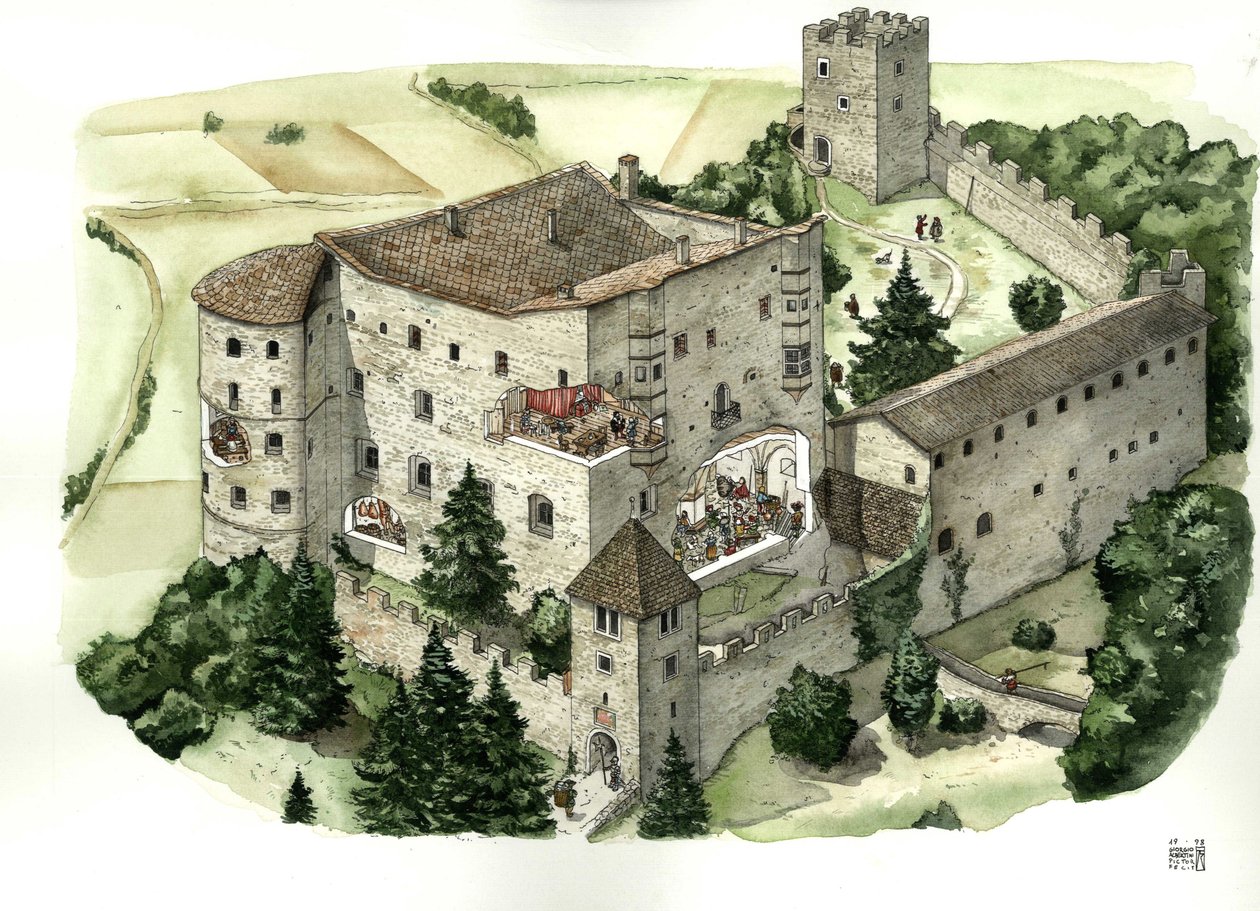 Medieval Architecture: View of the Castle of Pergine. Illustration by Giorgio Albertini by Giorgio Albertini