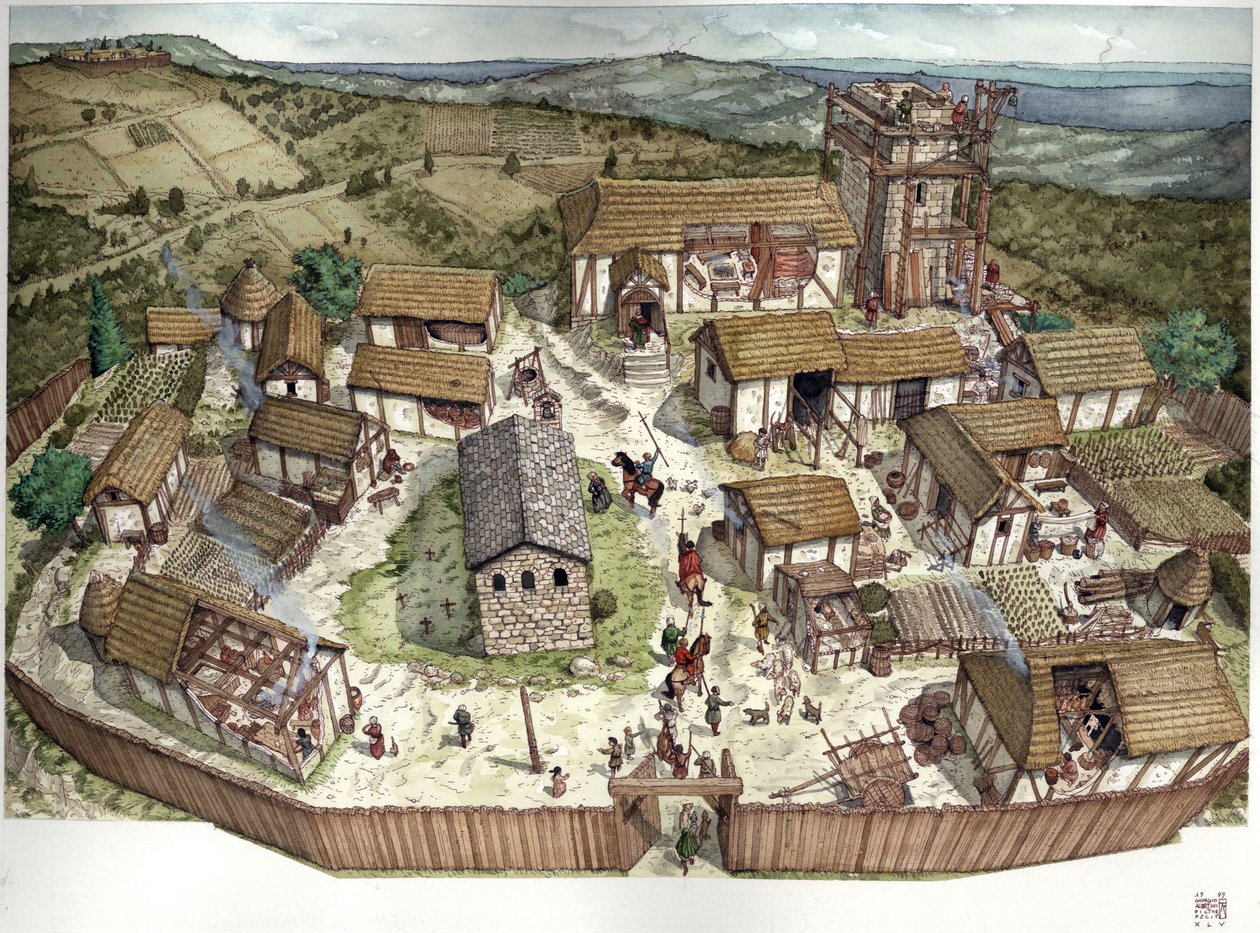 Middle Ages: aerial view of an Italian village in the 10th century. by Giorgio Albertini