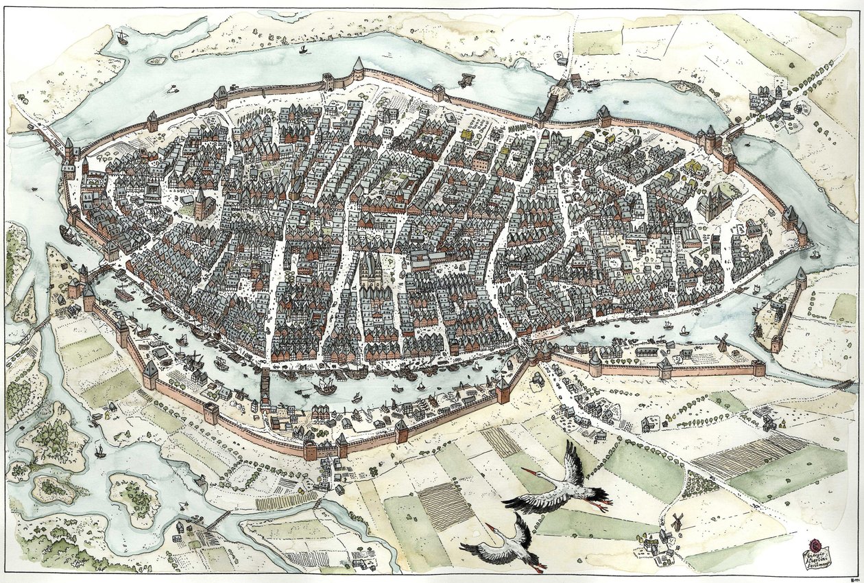 Middle Ages: aerial view of Lubeck, Germany, 15th century, showing its geographic position on an island. Illustration by Giorgio Albertini. by Giorgio Albertini